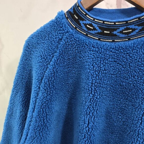 Vintage Sweater Mens Large Blue Black Crew 90s 80s Teddy Sherpa Fuzzy Faux - Picture 2 of 12